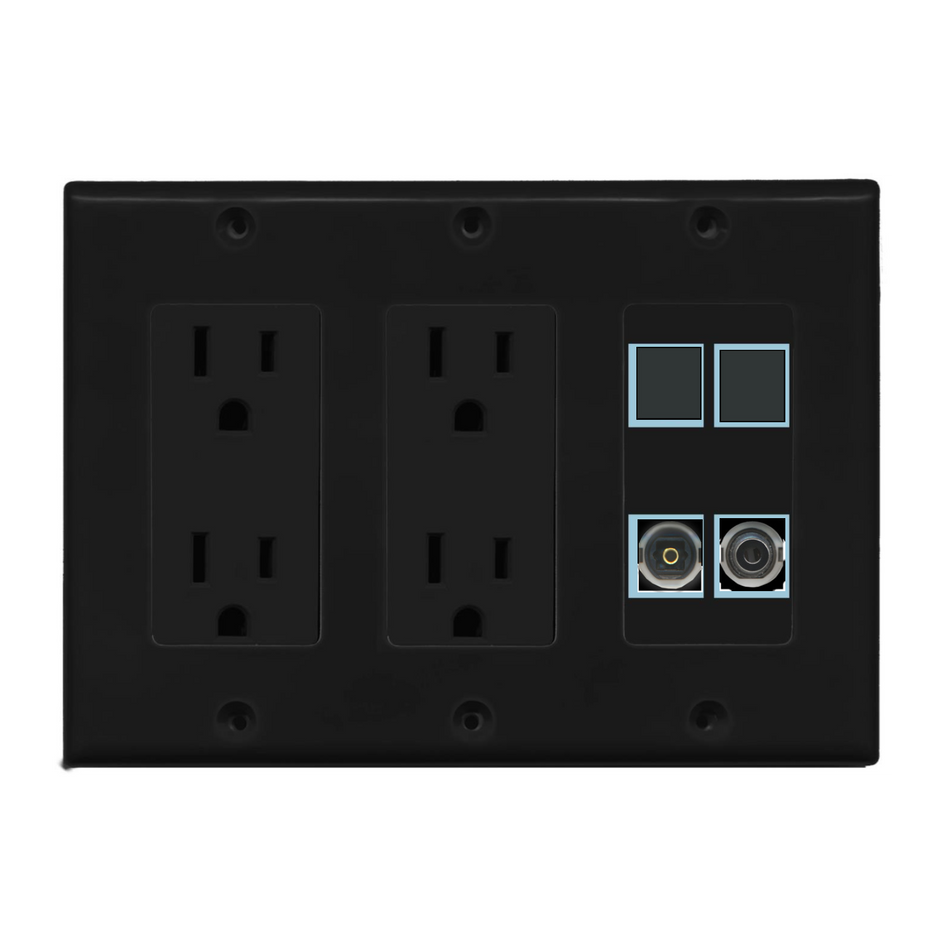 4 Port Custom Keystone Wall Plate w/Dual DecorZ Power Outlet Black