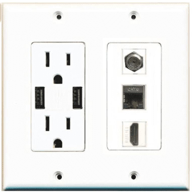 RiteAV USB Charger Outlet 15A/125V with Dual 3.6A USB Charging Ports and 1 x Coax 1 x Cat6 Shielded and 1 x HDMI Decorative White Wall Plate