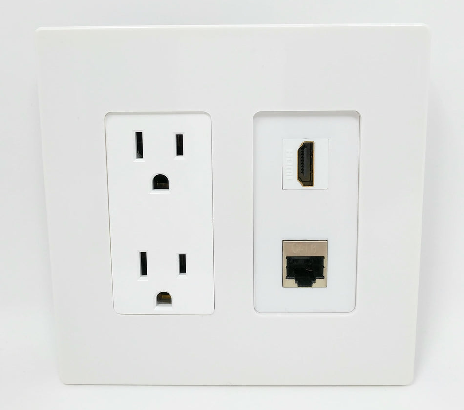 RiteAV - 15 Amp Power Outlet and 1 Port HDMI and 1 Port Shielded Cat6 Ethernet Decorative Type Screwless Wall Plate - White