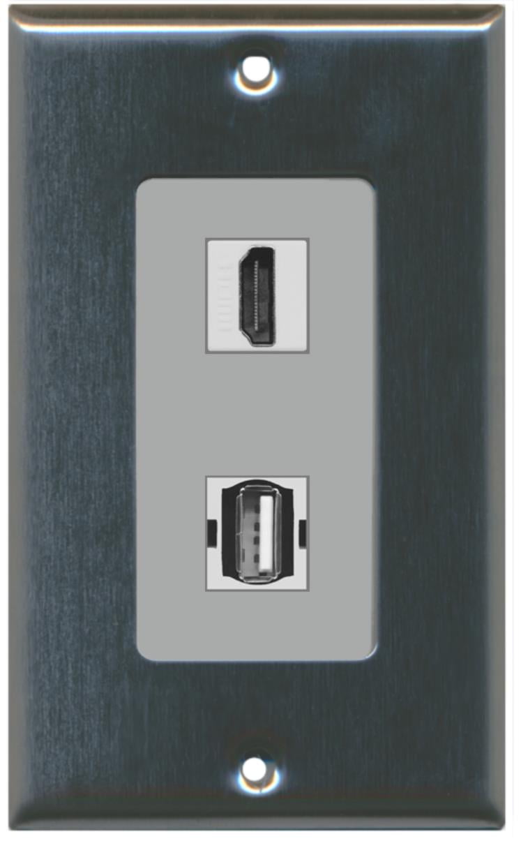 RiteAV - 1 Port USB A-A 1 Port HDMI Decorative Wall Plate - Stainless Steel - Bracket Included