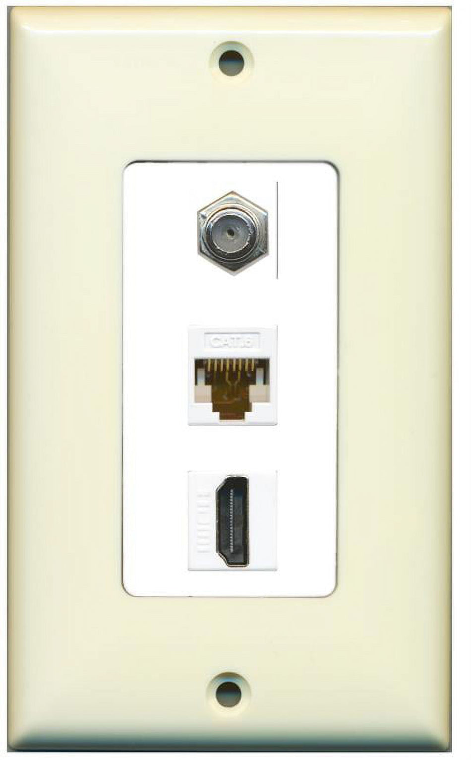 RiteAV Decorative 1 Gang Wall Plate (Light Almond/White) 3 Port - Coax (White) Cat6 (White) HDMI (White)