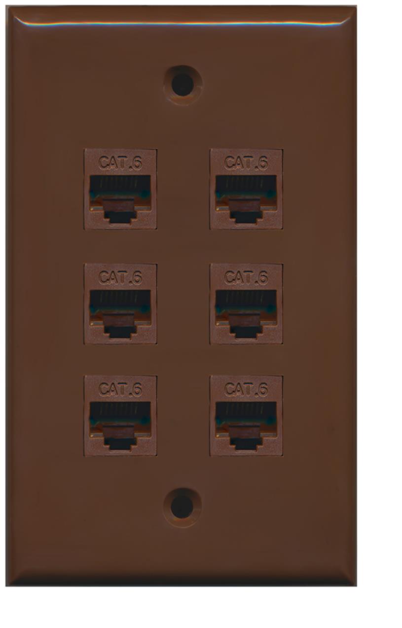 RiteAV 1 Gang 6 Port Cat6 Wall Plate - Brown