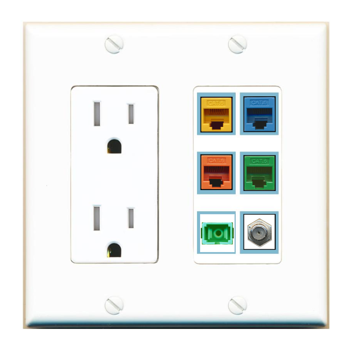 6 Port Custom Keystone Wall Plate with Tamper Resistant DecorZ Power Outlet