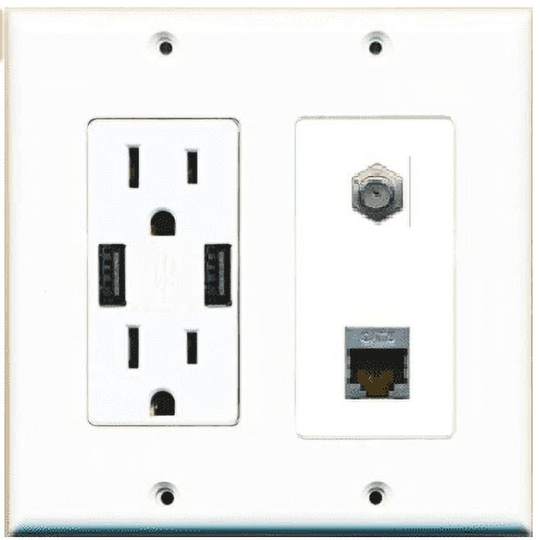 RiteAV USB Charger Outlet 15A/125V with Dual 3.6A USB Charging Ports and 1 x Coax and 1 x Shielded Cat6 Decorative White Wall Plate