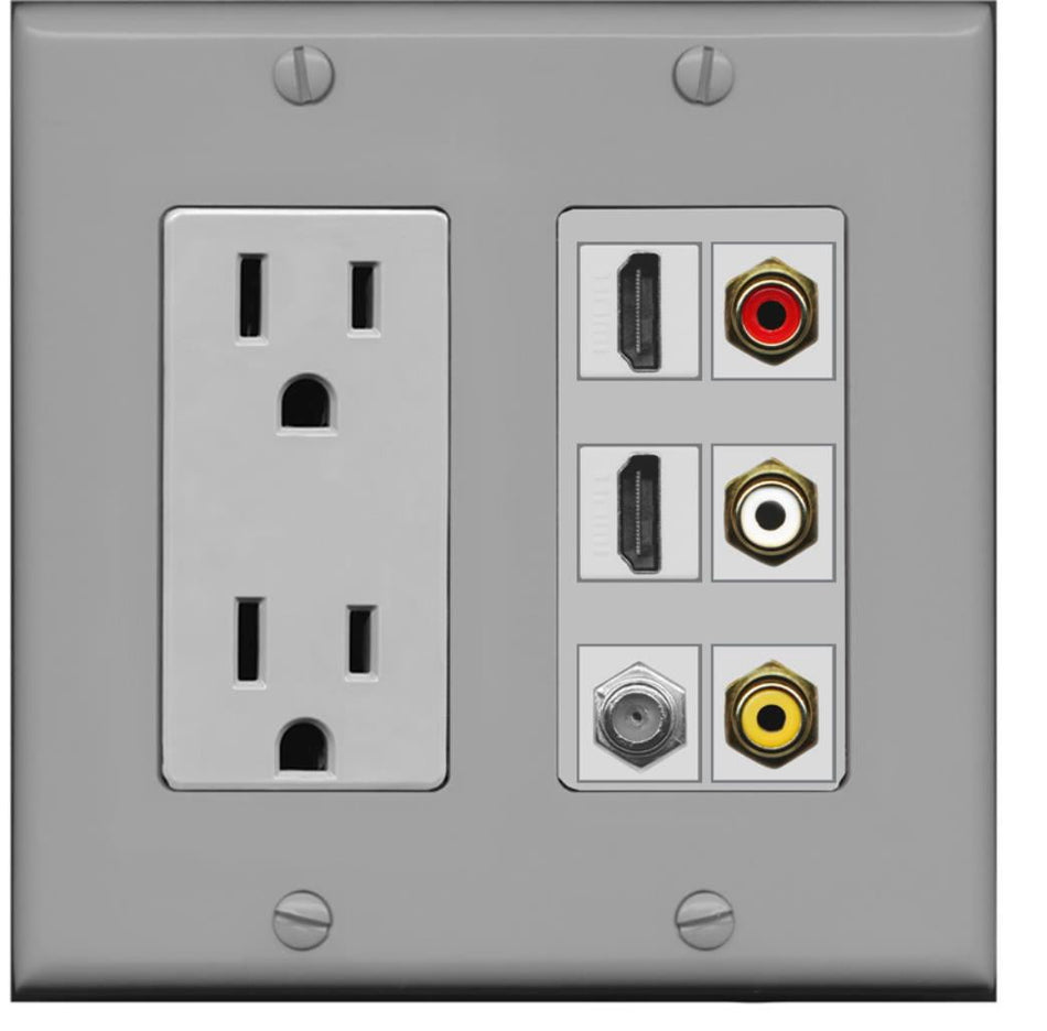 RiteAV - 2 x 15 Amp 125V Power Outlet 3 x RCA - 2 X HDMI and 1 x Coax Cable TV Port Wall Plate Gray