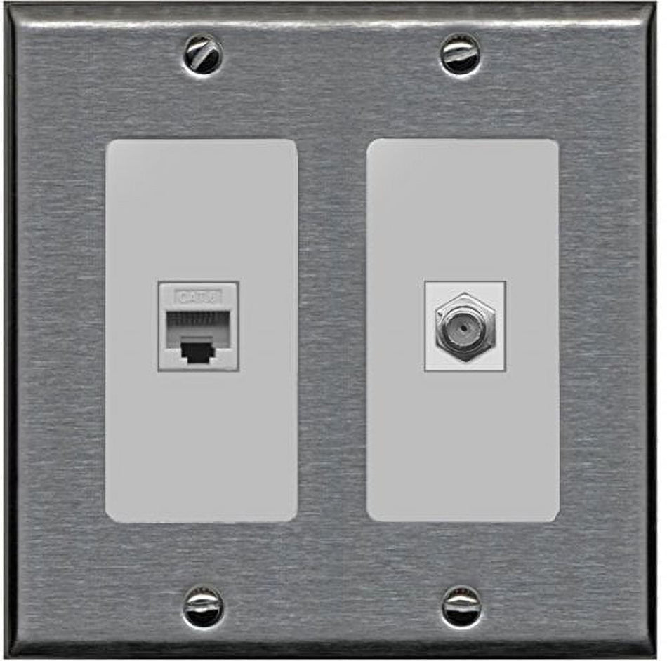 RiteAV - 1 Port Coax Cable TV- F-Type 1 Port Cat6 Ethernet Dual Gang Wall Plate - Stainless Steel/Gray