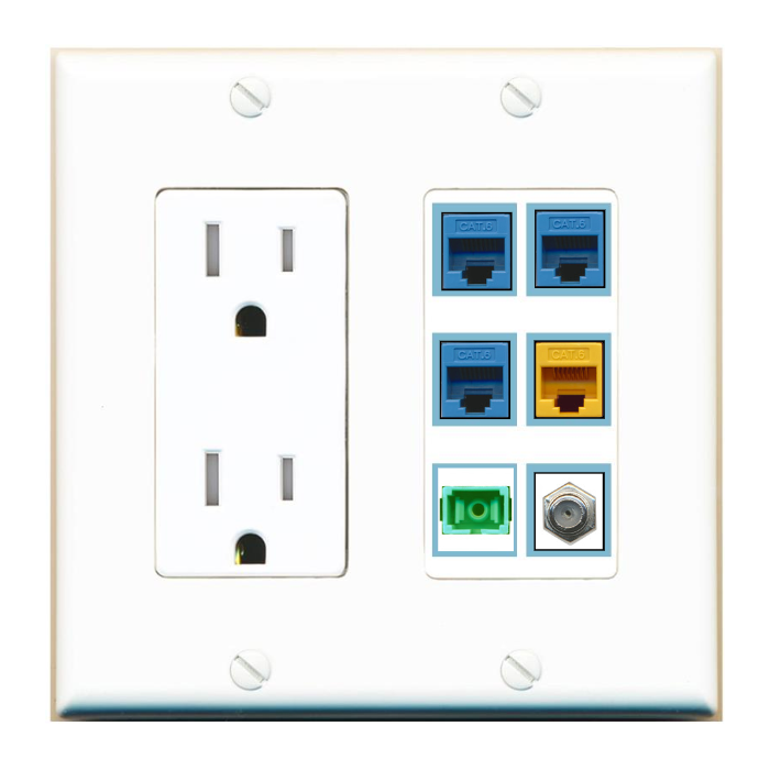 6 Port Custom Keystone Wall Plate with Tamper Resistant DecorZ Power Outlet