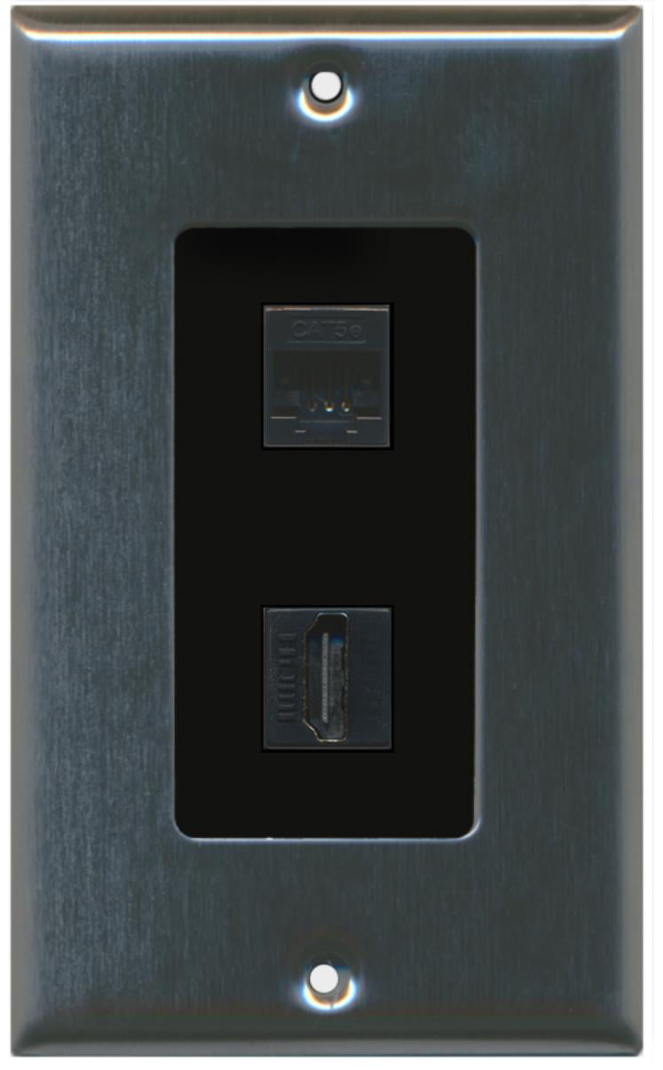 RiteAV - 1 Cat5e Ethernet and 1 HDMI Decorative Wall Plate - Stainless/Black - Bracket Included