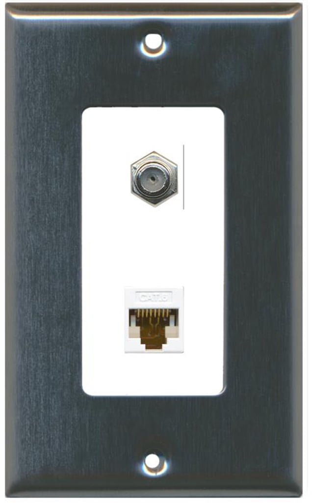 RiteAV - 1 Coax Cable TV F and 1 Cat6 Ethernet Wall Plate Decorative - Stainless Steel & White - Bracket Included
