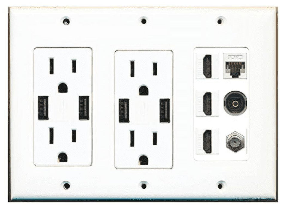 RiteAV 2 x USB Charger Outlets 15A/125V with Dual 3.6A USB Charging Ports and 3 HDMI Coax Cat5e White Toslink Decorative White 3 Gang Wall Plate