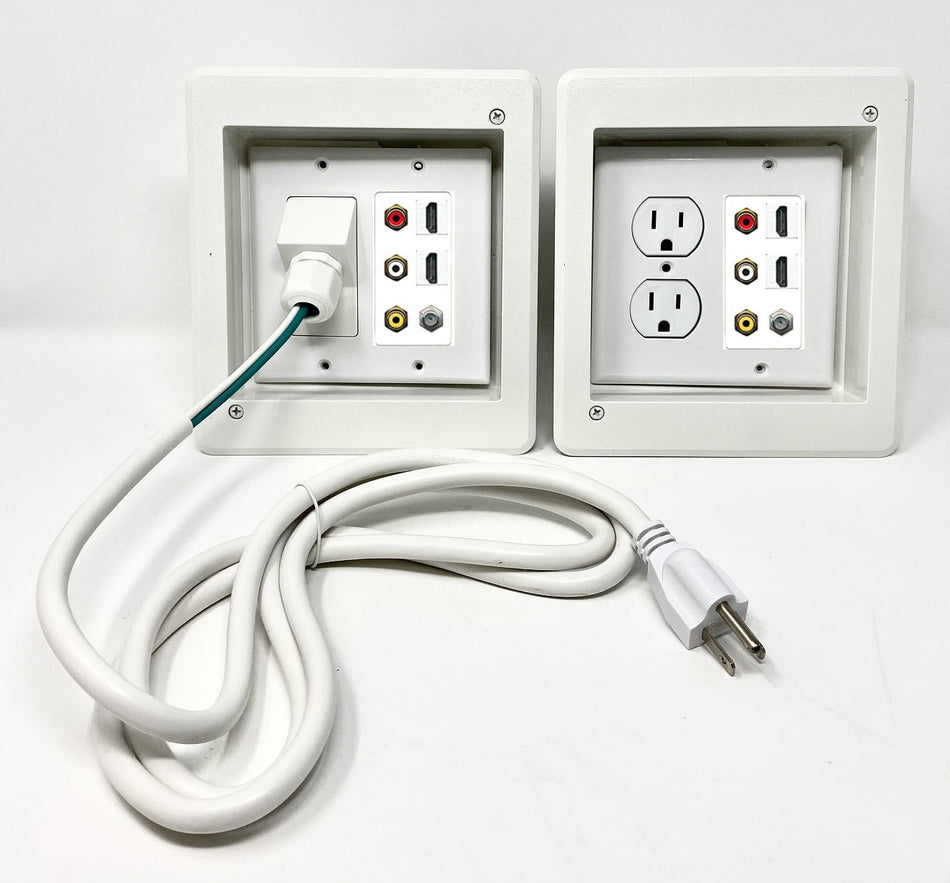 RiteAV 2-Gang Recessed Non-Metallic Electrical Combo Flat Screen TV Wall Plate Power Device Box, Divided for Power and Low Voltage RCA, HDMI and Coax Connections - White