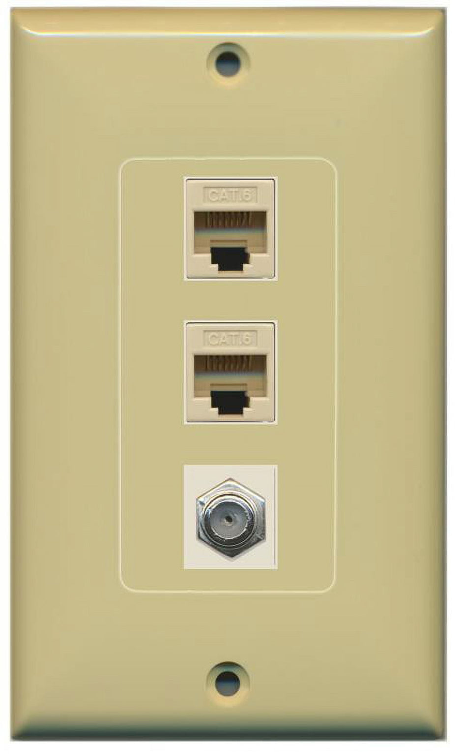 RiteAV Decorative 1 Gang Wall Plate (Ivory) 3 Port - 2 x Cat6, 1 x Coax
