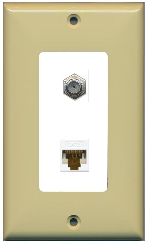 RiteAV - 1 Coax Cable TV F and 1 Cat6 Ethernet Wall Plate Decorative - Ivory/White - Bracket Included