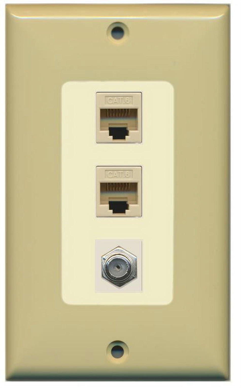 RiteAV Decorative 1 Gang Wall Plate (Ivory/Light Almond) 3 Port - 2 x Cat6, 1 x Coax