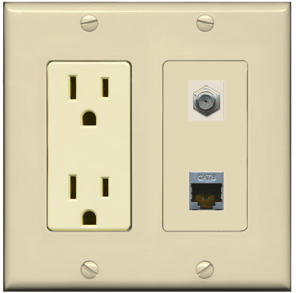 RiteAV - 15 Amp Power Outlet and 1 Port Coax Cable TV- F-Type and 1 Port Shielded Cat6 Ethernet Decorative Type Wall Plate - Ivory