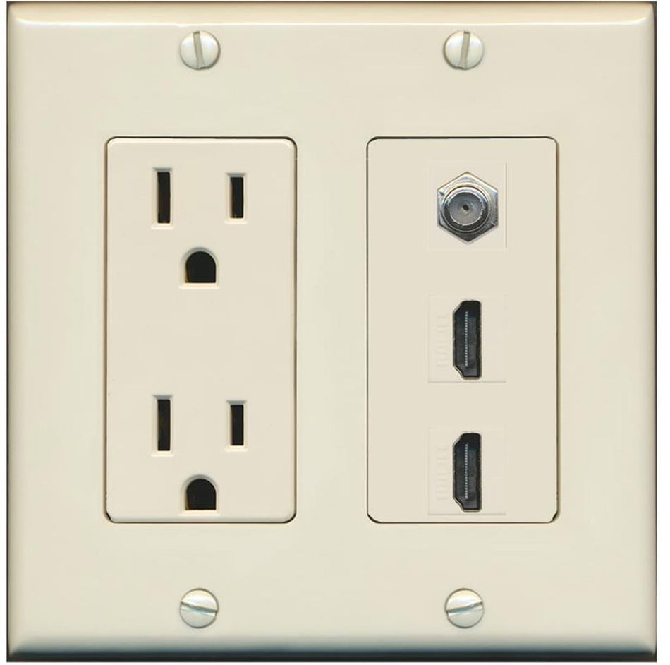 RiteAV - 15 Amp Power Outlet 2 Port HDMI 1 Port Coax Decorative Wall Plate - Light Almond