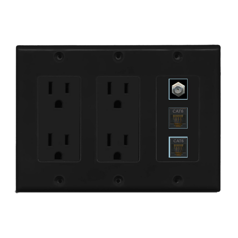 3 Port Custom Keystone Wall Plate w/Dual DecorZ Power Outlet Black