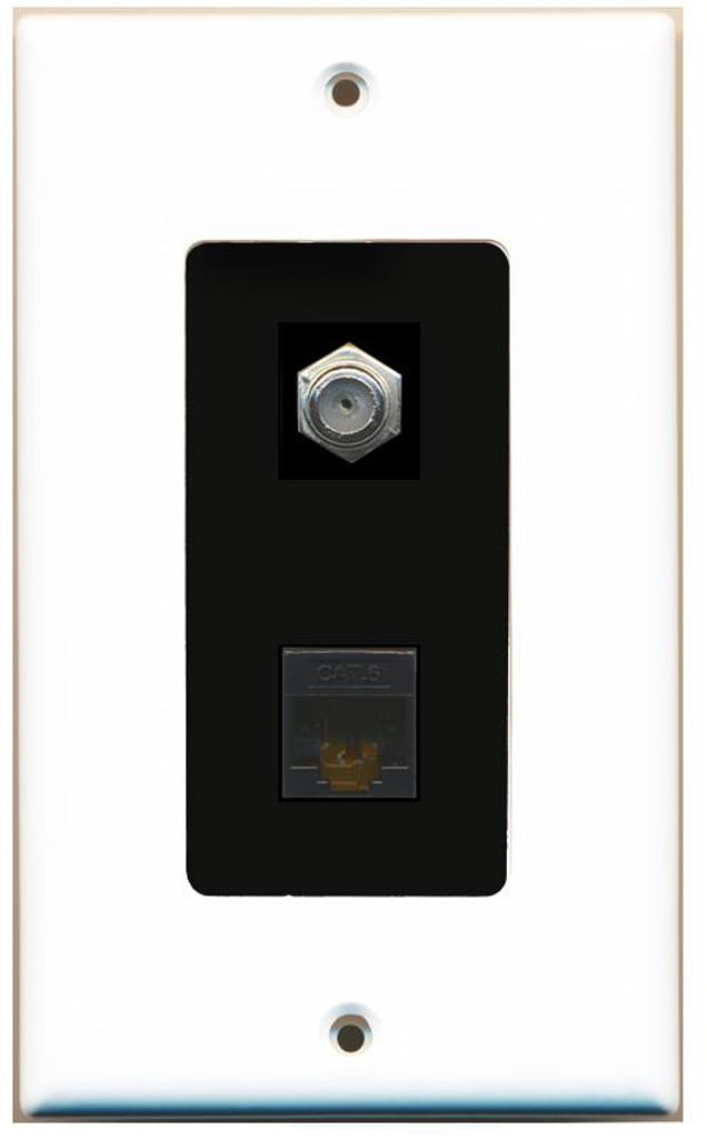RiteAV - 1 Coax Cable TV F and 1 Cat6 Ethernet Wall Plate Decorative - White & Black - Bracket Included
