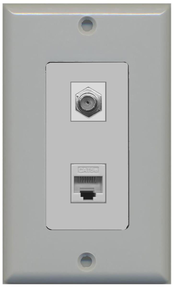 RiteAV - 1 Port Coax Port Cable TV F Type - 1 Port Cat5e Ethernet Decorative Wall Plate - Gray - Bracket Included
