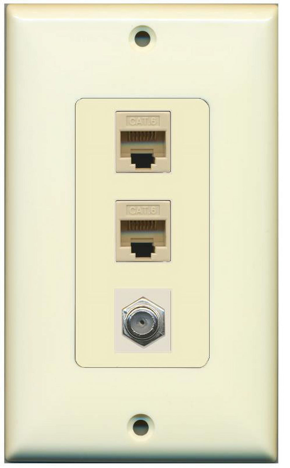 RiteAV Decorative 1 Gang Wall Plate (Light Almond) 3 Port - 2 x Cat6, 1 x Coax