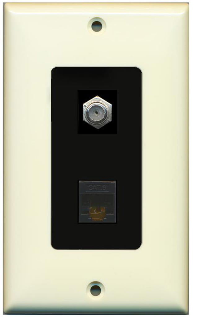 RiteAV - 1 Coax Cable TV F and 1 Cat6 Ethernet Wall Plate Decorative - Light Almond/Black - Bracket Included