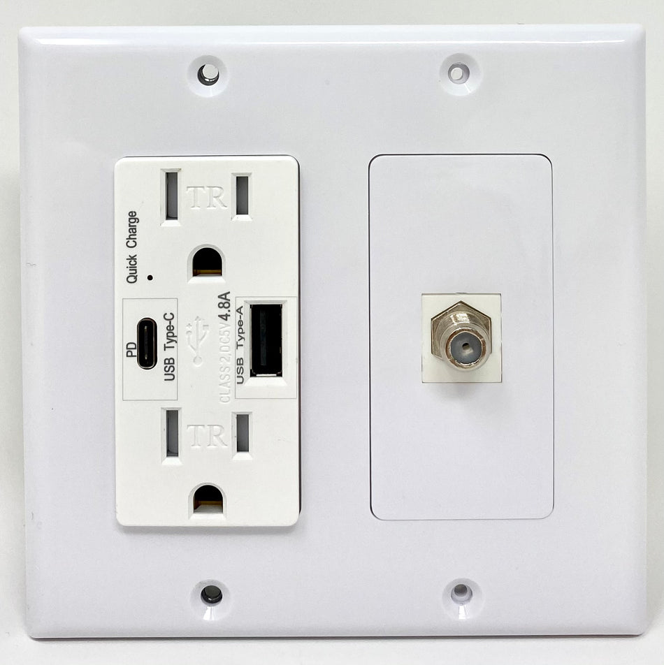 RiteAV USB Charger Outlet 15A/125V with USB Type-A/USB Type-C Charging Ports and 1 x Coax Cable Decorative White Wall Plate