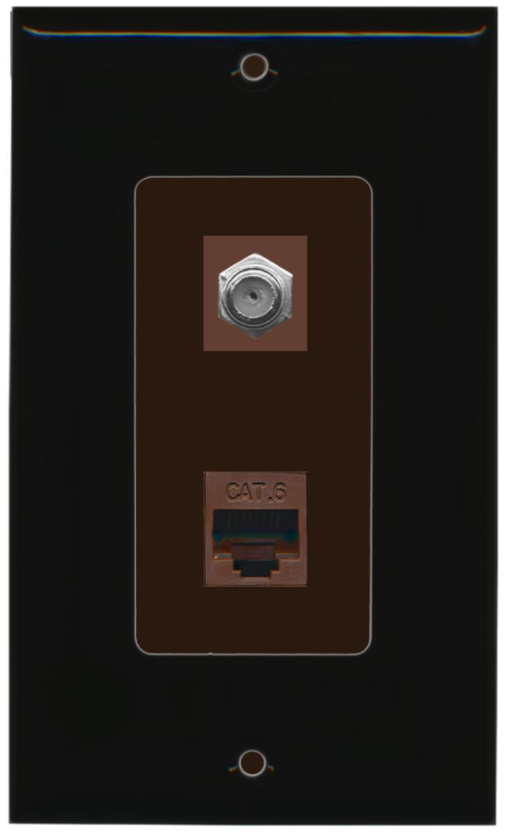 RiteAV - 1 Coax Cable TV F and 1 Cat6 Ethernet Wall Plate Decorative - Black/Brown - Bracket Included