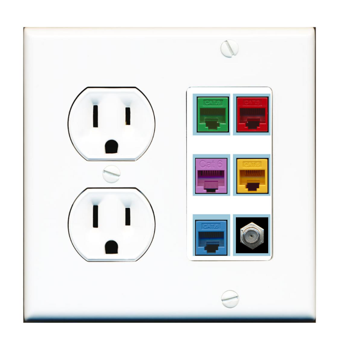 6 Port Custom Keystone Wall Plate w/Round Power Outlet
