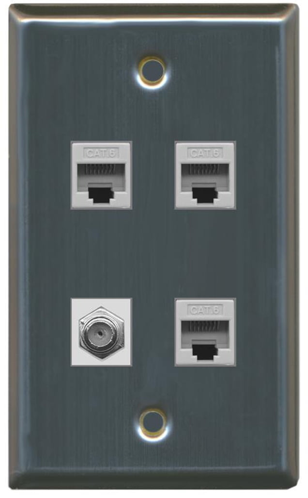 RiteAV 1 Port Coax Cable TV- F-Type 3 Port Cat6 Ethernet Wall Plate - Stainless Steel