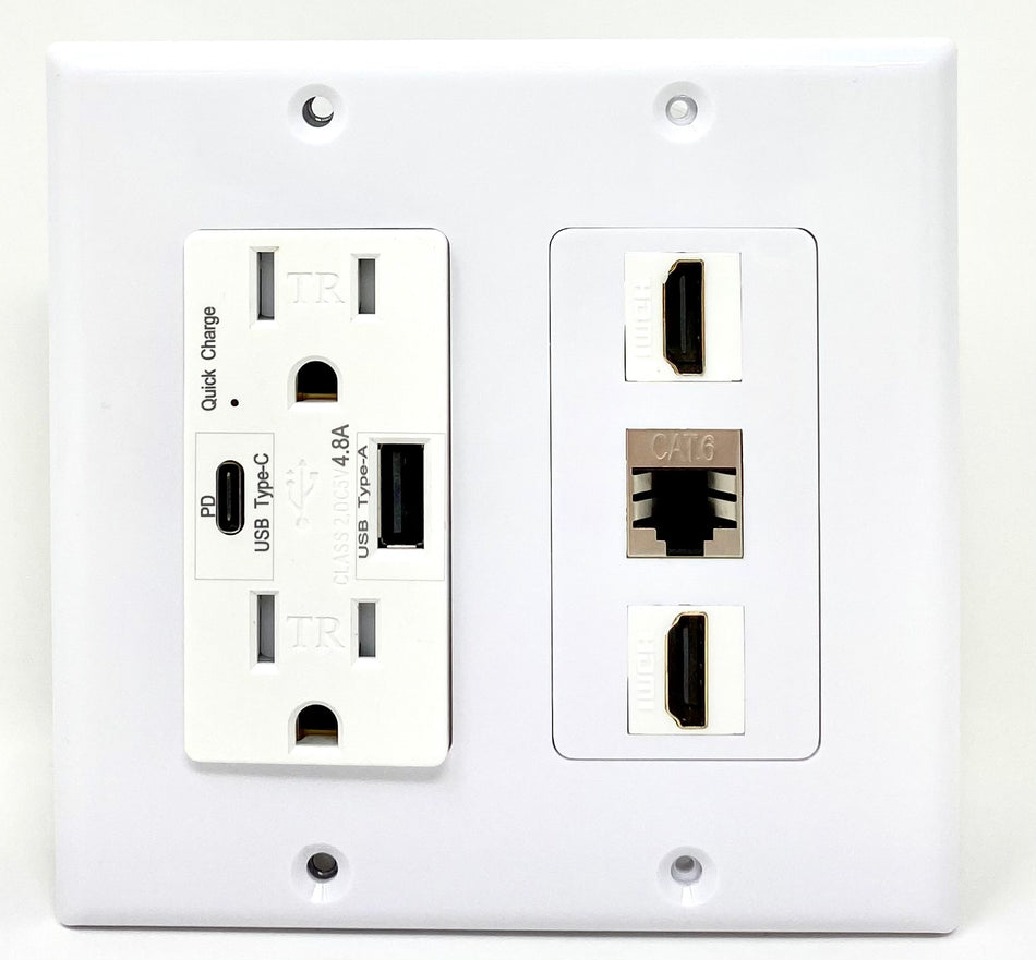 RiteAV USB Charger Outlet 15A/125V with USB Type-A/USB Type-C Charging Ports and 2 x HDMI 1 x Cat6 Shielded Ethernet Decorative White Wall Plate