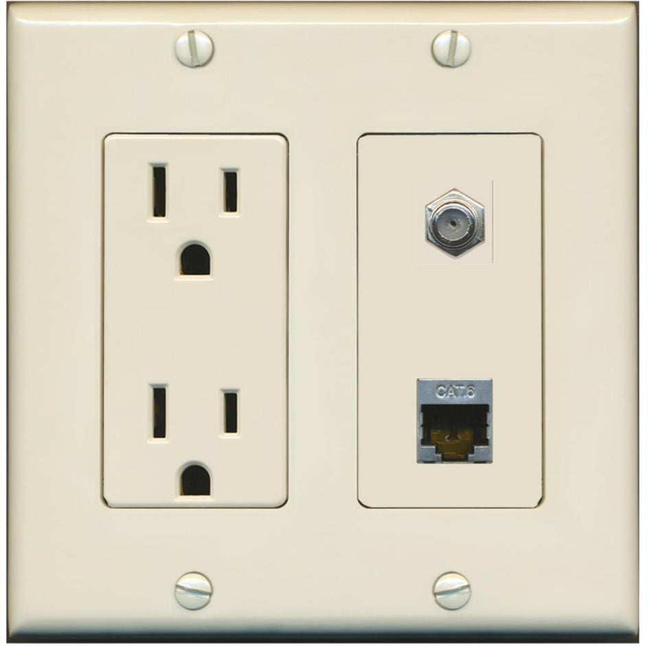 RiteAV - 15 Amp Power Outlet and 1 Port Coax Cable TV- F-Type and 1 Port Shielded Cat6 Ethernet Decorative Type Wall Plate - Light Almond