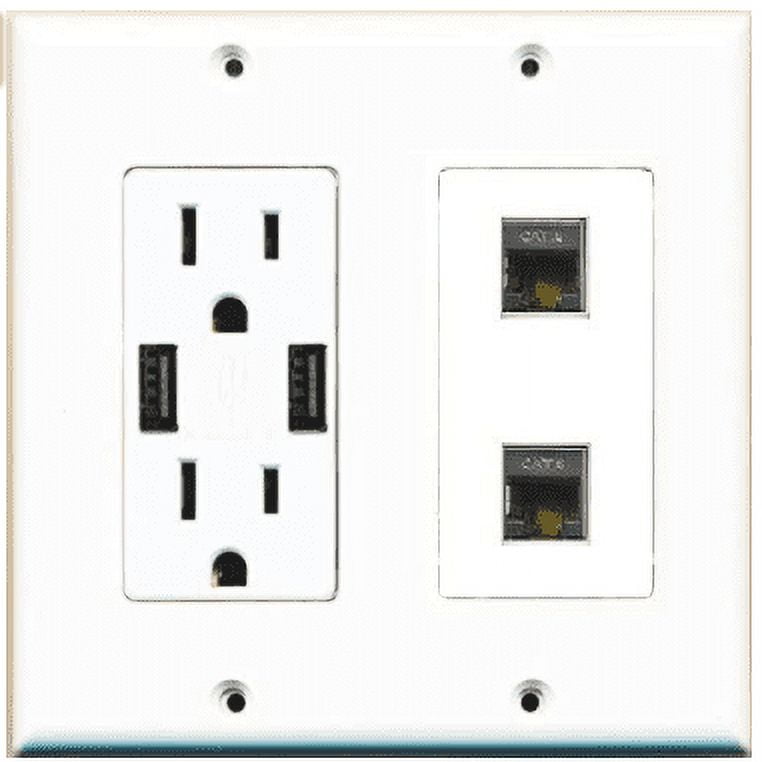 RiteAV USB Charger Outlet 15A/125V with Dual 3.6A USB Charging Ports and 2 x Shielded Cat6 Decorative White Wall Plate