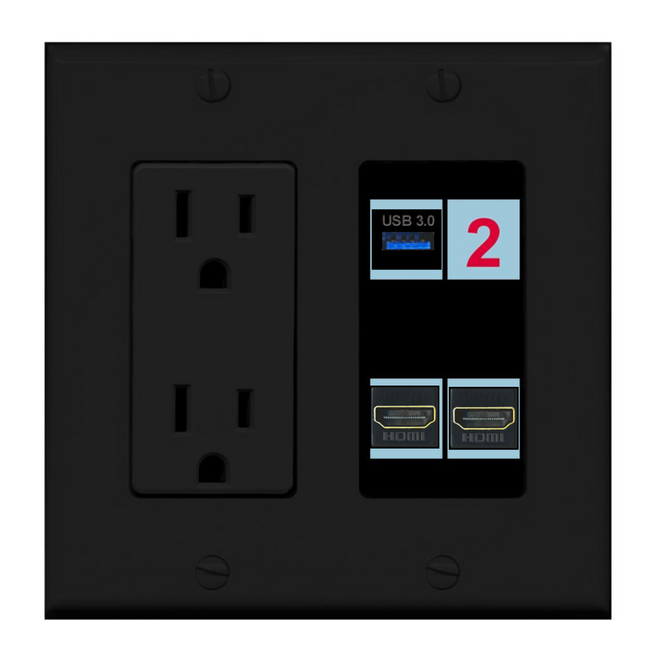 4 Port Custom Keystone Wall Plate w/DecorZ Power Outlet Black