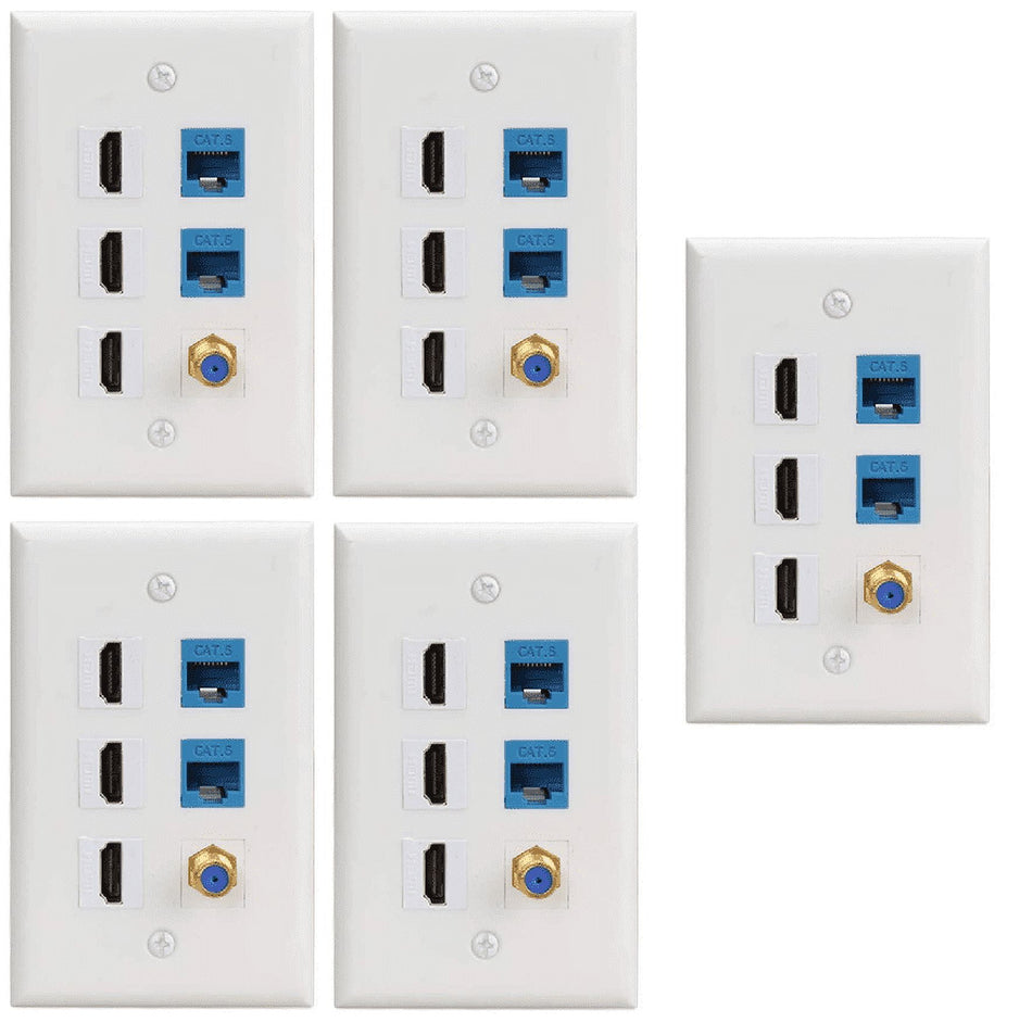 RiteAV - 3 Port HDMI, 2 Port Cat6 and 1 Port Gold Plated Coax Wall Plate - White (5 Pack)