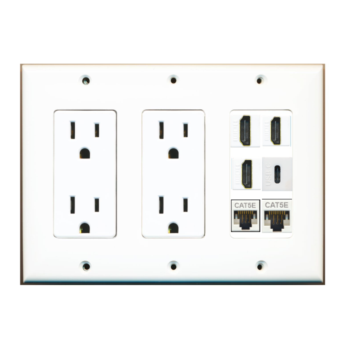 6 Port Custom Keystone Wall Plate w/Dual DecorZ Power Outlet White