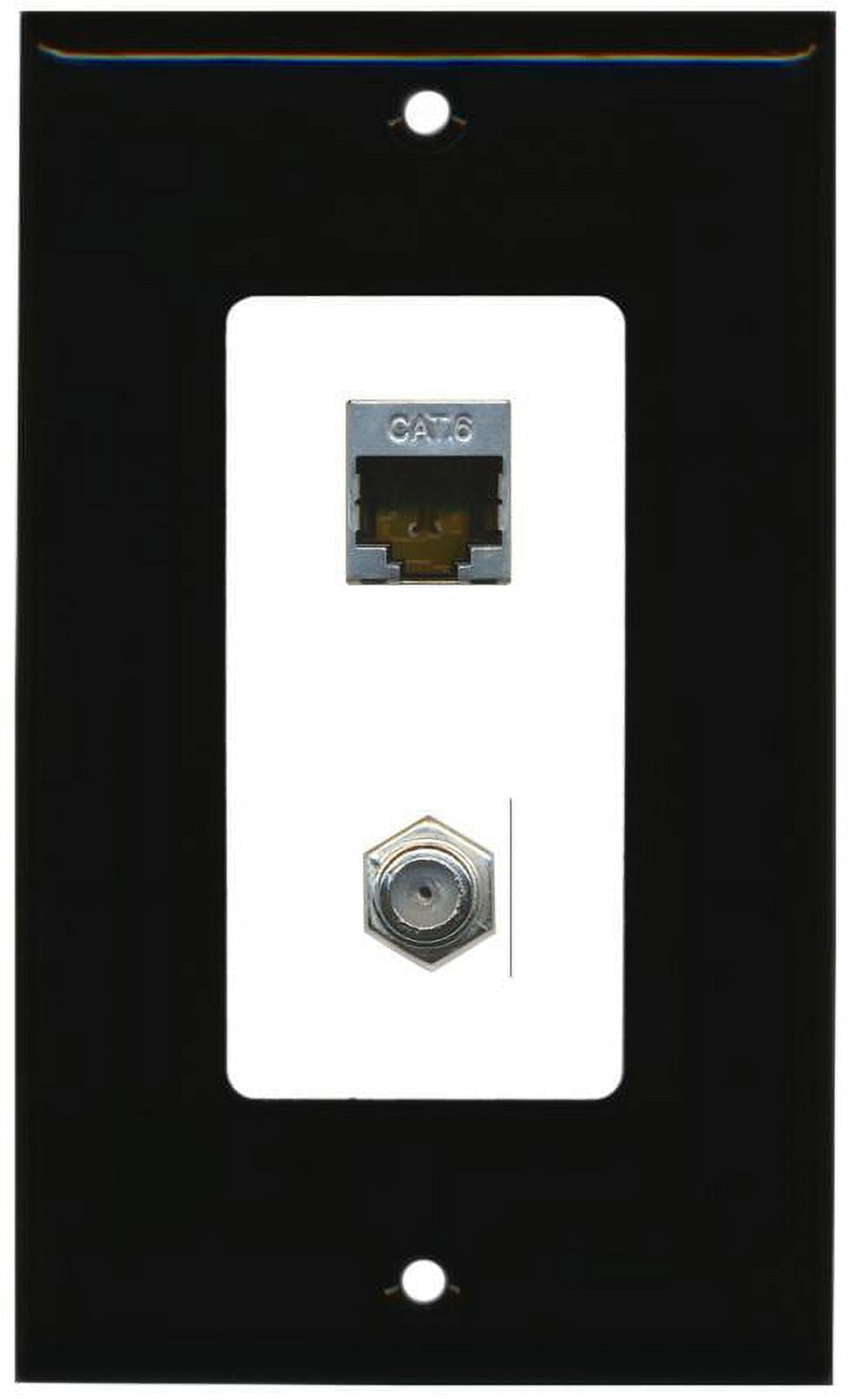 RiteAV Decorative 1 Gang Wall Plate (Black/White) 2 Port - Cat6 (Shielded) Coax (White) - Bracket Included
