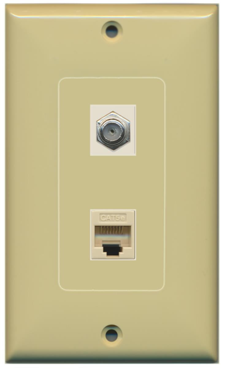 RiteAV - 1 Port Coax Port Cable TV F Type - 1 Port Cat5e Ethernet Decorative Wall Plate - Ivory - Bracket Included