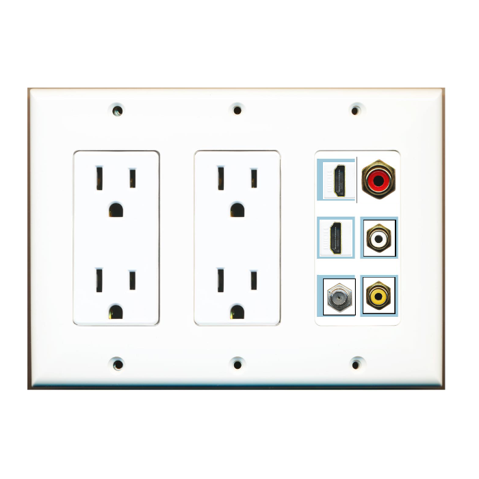 6 Port Custom Keystone Wall Plate w/Dual DecorZ Power Outlet White