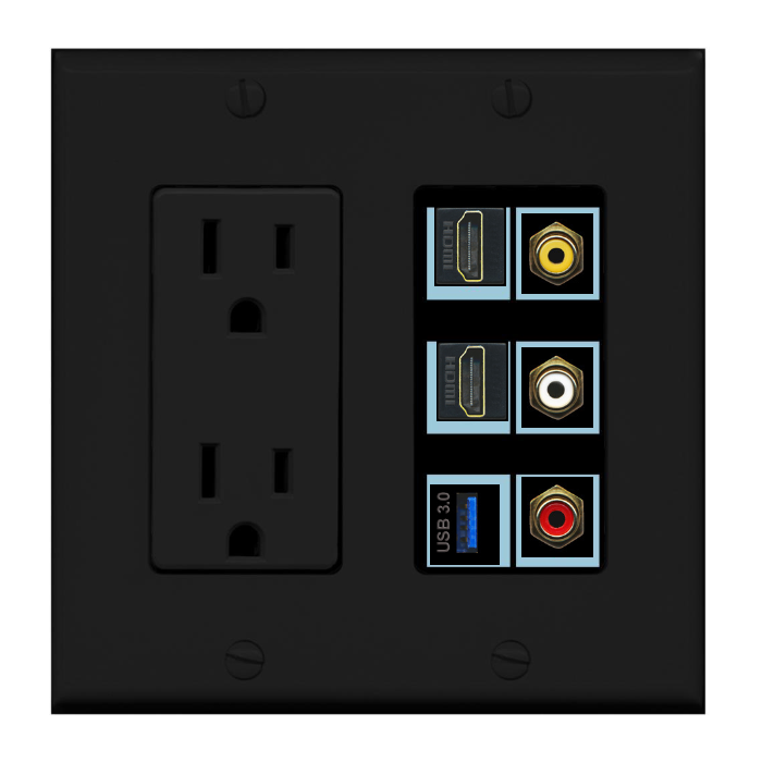 6 Port Custom Keystone Wall Plate w/DecorZ Power Outlet Black