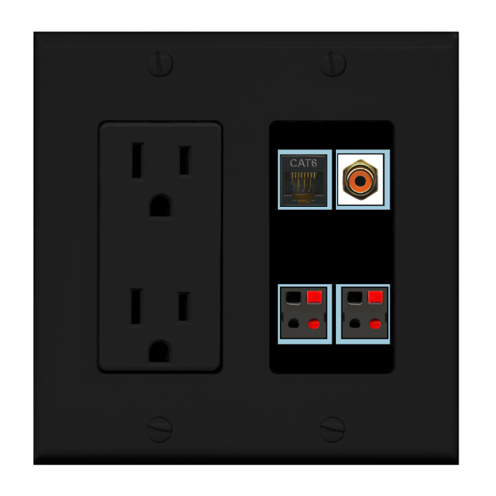 4 Port Custom Keystone Wall Plate w/DecorZ Power Outlet Black