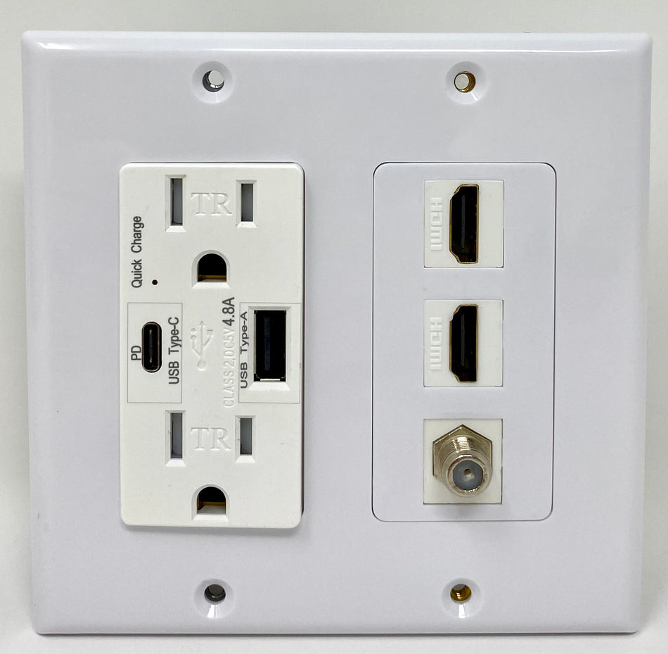 RiteAV USB Charger Outlet 15A/125V with USB Type-A/USB Type-C Charging Ports and 2 x HDMI 1 x Coax Cable Decorative White Wall Plate