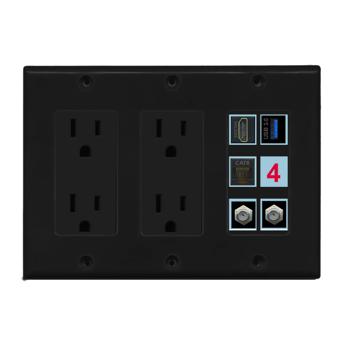 6 Port Custom Keystone Wall Plate w/Dual DecorZ Power Outlet Black
