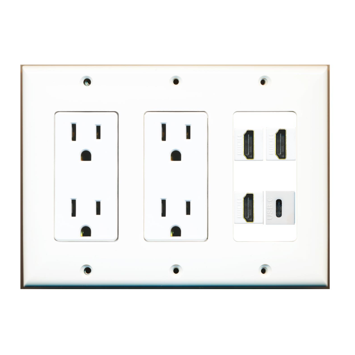 4 Port Custom Keystone Wall Plate w/Dual DecorZ Power Outlet White