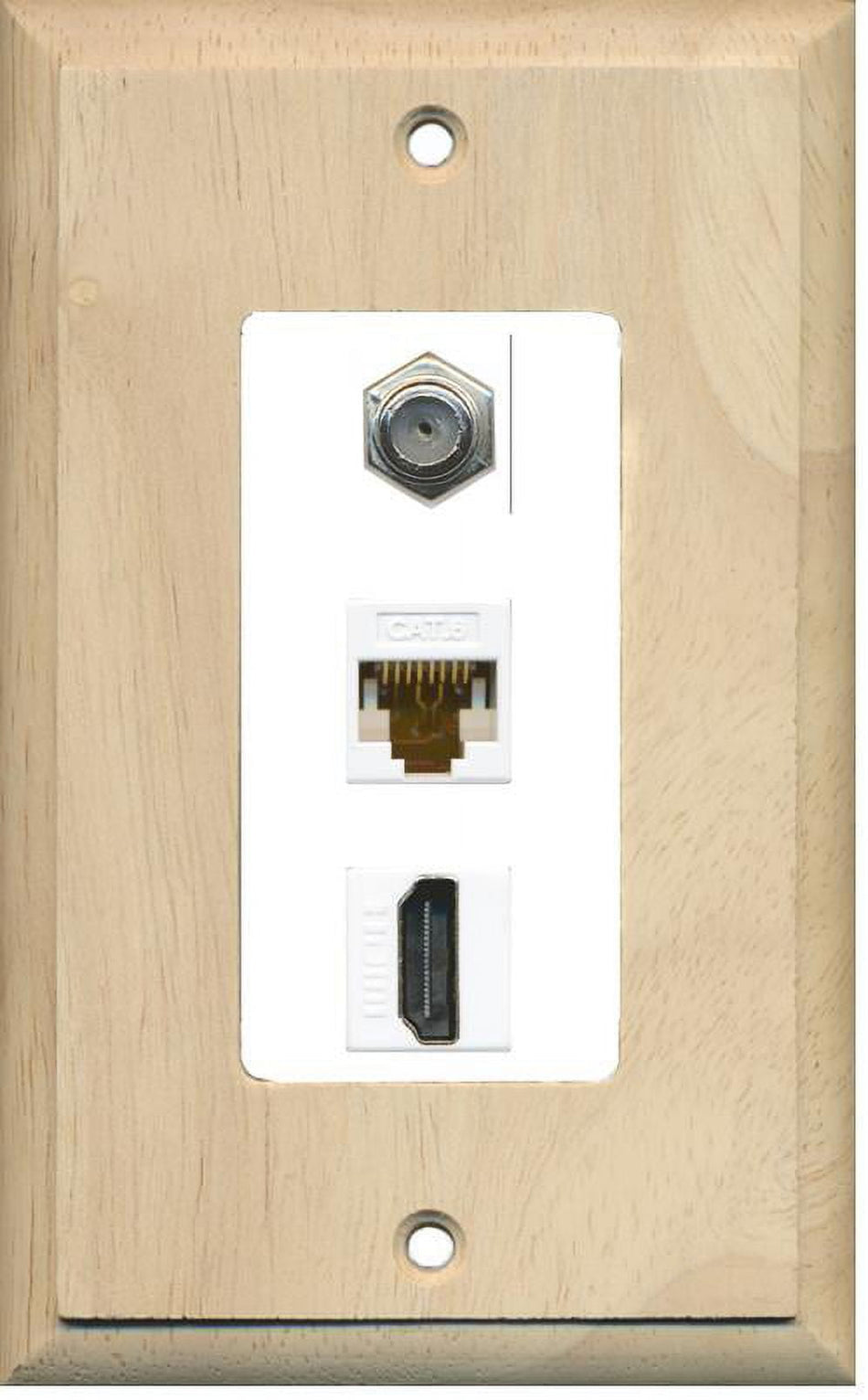 RiteAV Decorative 1 Gang Wall Plate (Wood/White) 3 Port - Coax (White) Cat6 (White) HDMI (White)