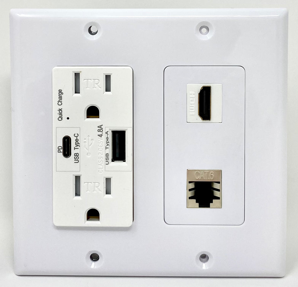 RiteAV USB Charger Outlet 15A/125V with USB Type-A/USB Type-C Charging Ports and 1 x HDMI 1 x Cat6 Shielded Ethernet Decorative White Wall Plate