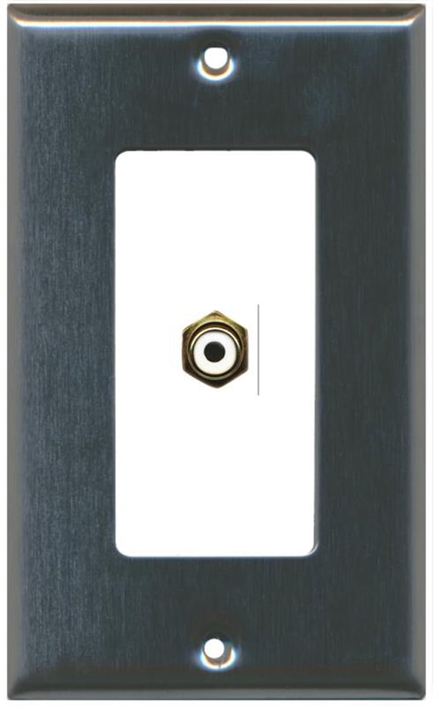 RiteAV - 1 RCA White for Subwoofer Audio Port Wall Plate Decorative - Stainless Steel & White - Bracket Included
