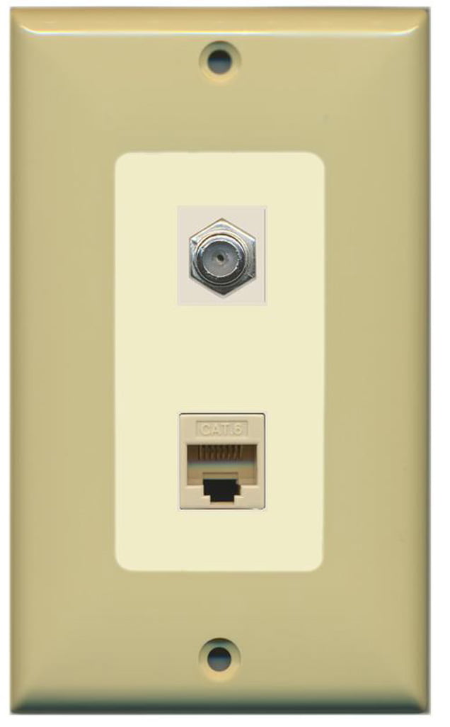 RiteAV - 1 Coax Cable TV F and 1 Cat6 Ethernet Wall Plate Decorative - Ivory/Light Almond - Bracket Included