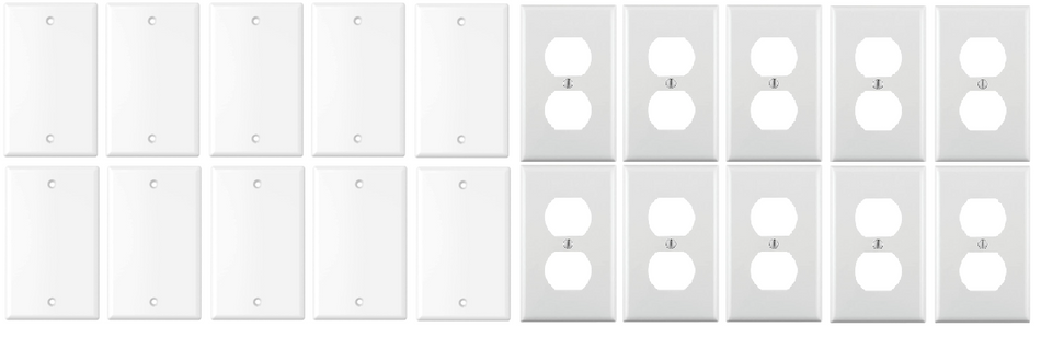 RiteAV No Device Wall Plate, Blank Receptacle Duplex Outlet Cover, Combo Pack, Standard-Sized 1-Gang - White (20 Pack - 10 Pieces of Each Type)