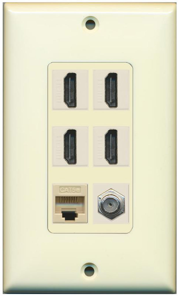 RiteAV - 4 x HDMI and 1 x Ethernet Cat5E and 1 x Coax Cable TV F Type Port Wall Plate - Light Almond