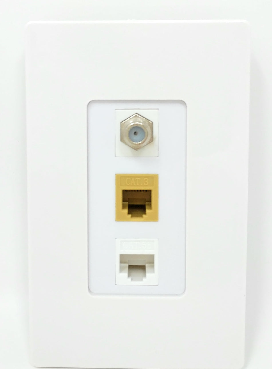 RiteAV - 1 Port Coax Cable TV- F-Type Phone RJ11 RJ12 and 1 Port Cat5e Ethernet Decorative Screwless Wall Plate - White - Bracket Included